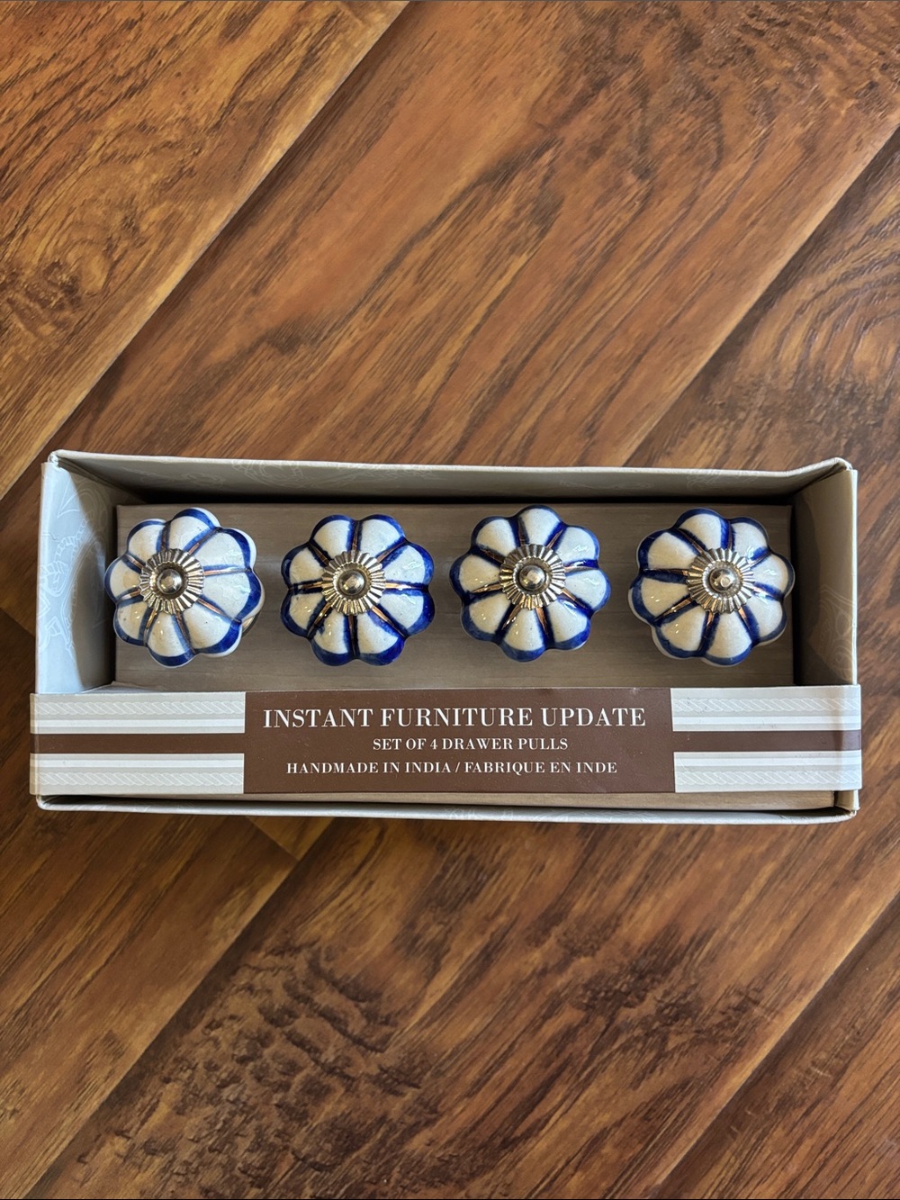 Source Unknown Blue and White Floral Ceramic Drawer Pulls - Set of 4